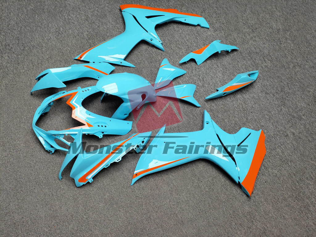 2011 - 2025 Suzuki GSXR 600 - 750 Gloss Light Blue With Orange fairing set - ABS injection, custom painted by Monster Fairings