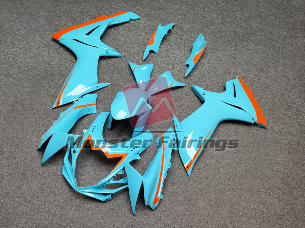 Suzuki GSXR 600 - 750 custom ABS fairings 2011 - 2025 in Gloss Light Blue With Orange - durable replacement kit, Monster Fairings