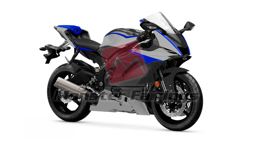 Gloss Carbon Fiber Style With Silver & Blue ABS fairings for Yamaha R6 2017 - 2022 - premium OEM fit kit by Monster Fairings