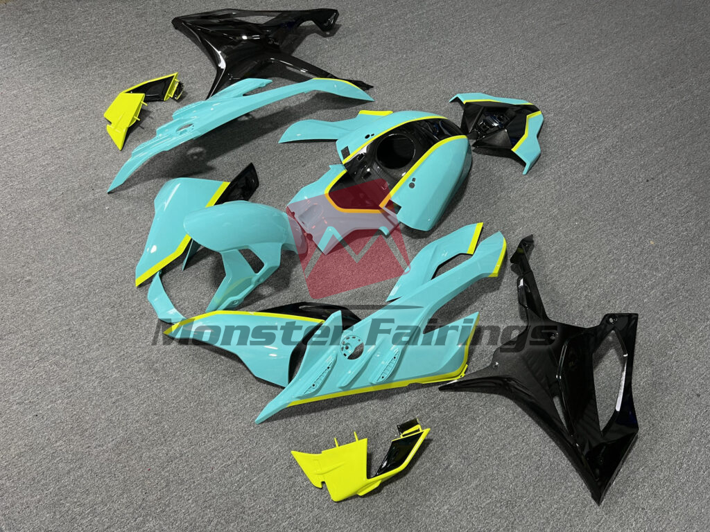 2023 - 2024 BMW S1000RR Gloss Teal & Black With High Vis Yellow fairing set - ABS injection, custom painted by Monster Fairings