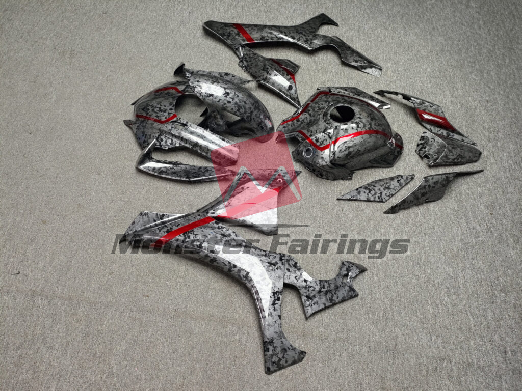 Yamaha R1 custom ABS fairings 2020 - 2025 in Gloss Forged Carbon Fiber Style With Red - durable replacement kit, Monster Fairings