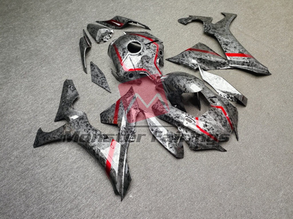 Gloss Forged Carbon Fiber Style With Red ABS fairings for Yamaha R1 2020 - 2025 - premium OEM fit kit by Monster Fairings