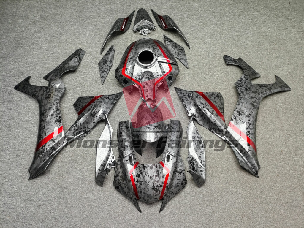 Yamaha R1 2020 - 2025 Gloss Forged Carbon Fiber Style With Red ABS fairings - custom motorcycle bodywork kit by Monster Fairings
