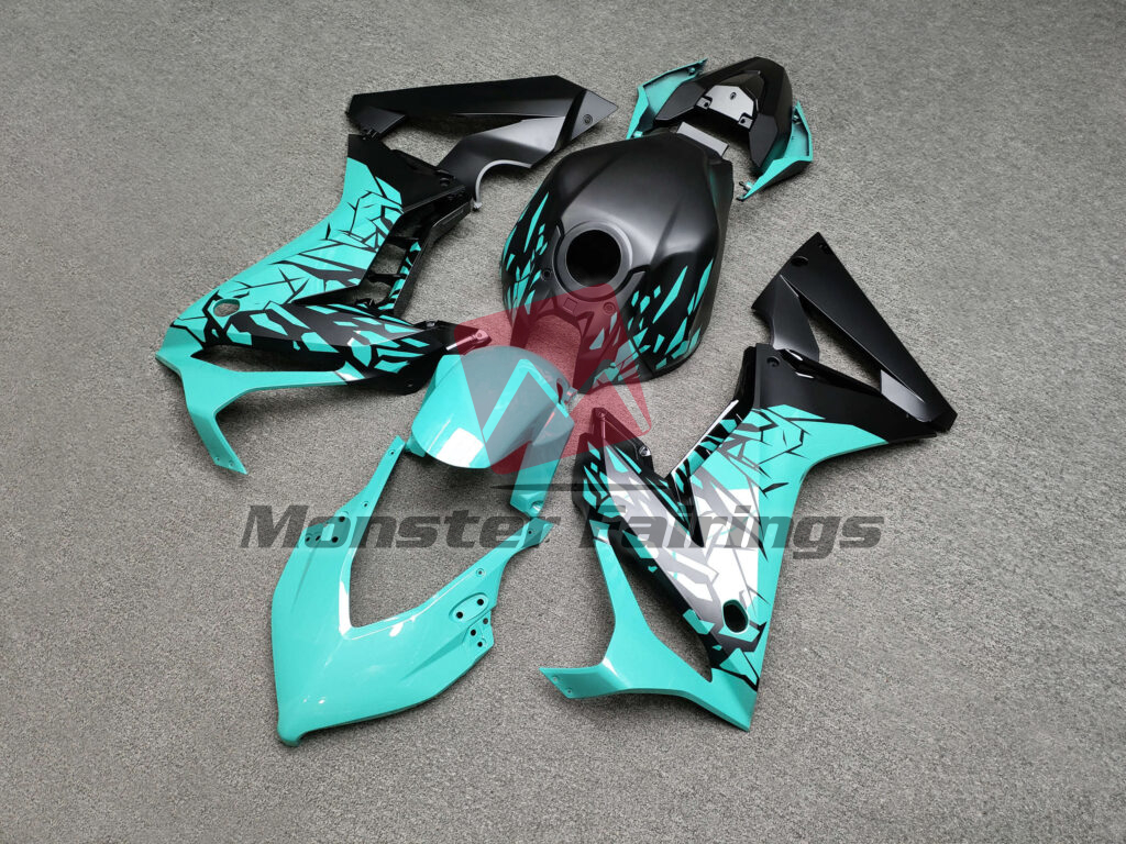 Monster Fairings ABS fairing kit for Honda CBR650R 2019 - 2020 - Matte Black & Gloss Teal Shattered, precise OEM fit
