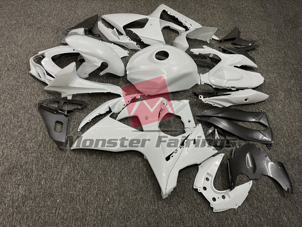 2009 - 2016 Suzuki GSXR 1000 Gloss White Carbon Fiber Style fairing set - ABS injection, custom painted by Monster Fairings