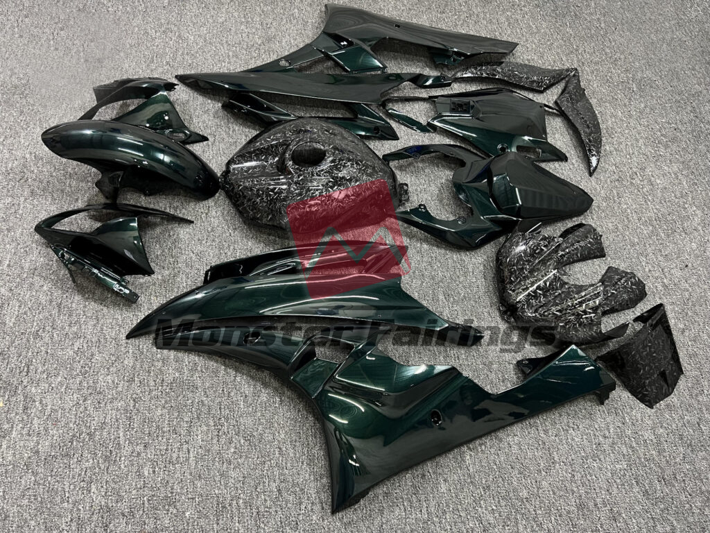 2006 - 2007 Yamaha R6 Gloss Dark Green With Forged Carbon Fiber Style fairing set - ABS injection, custom painted by Monster Fairings