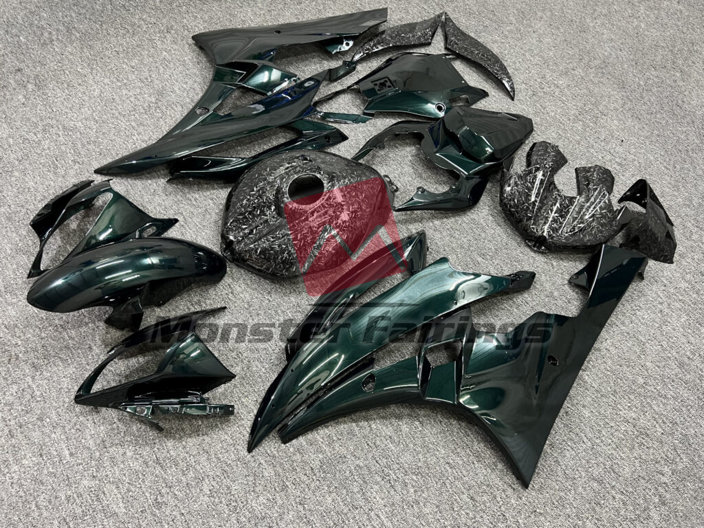 Gloss Dark Green With Forged Carbon Fiber Style ABS fairings for Yamaha R6 2006 - 2007 - premium OEM fit kit by Monster Fairings