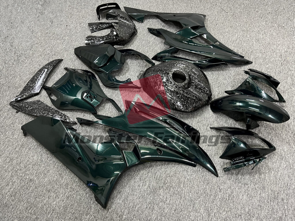 Yamaha R6 custom ABS fairings 2006 - 2007 in Gloss Dark Green With Forged Carbon Fiber Style - durable replacement kit, Monster Fairings