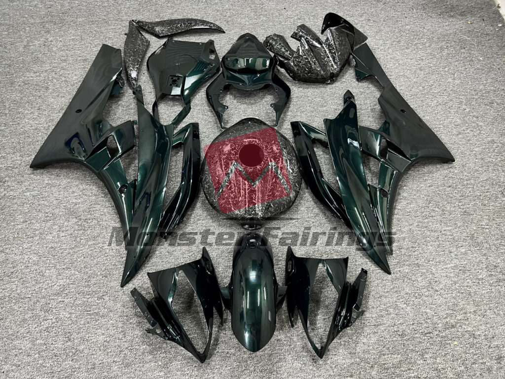 Yamaha R6 2006 - 2007 Gloss Dark Green With Forged Carbon Fiber Style ABS fairings - custom motorcycle bodywork kit by Monster Fairings