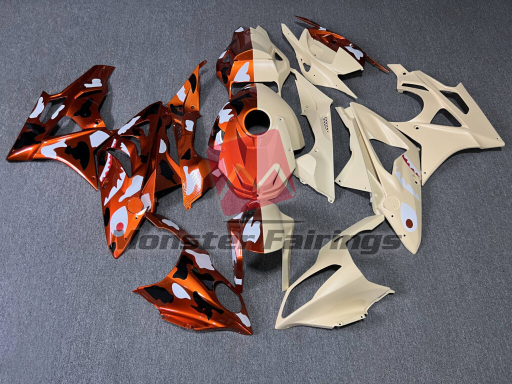 BMW S1000RR 2009 - 2014 Gloss Desert Tan & Burnt Orange Camo Shark Split ABS fairings - custom motorcycle bodywork kit by Monster Fairings