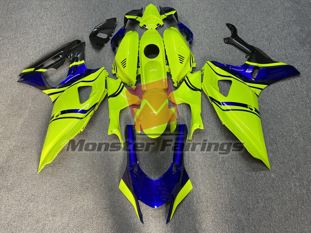 Yamaha R7 2021 - 2025 Gloss High Vis Yellow & Blue With Carbon Fiber Style ABS fairings - custom motorcycle bodywork kit by Monster Fairings