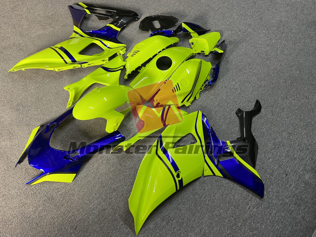 Gloss High Vis Yellow & Blue With Carbon Fiber Style ABS fairings for Yamaha R7 2021 - 2025 - premium OEM fit kit by Monster Fairings