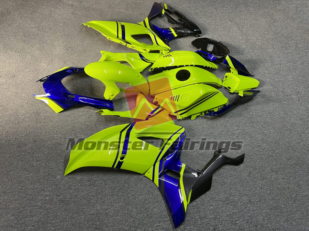 Yamaha R7 custom ABS fairings 2021 - 2025 in Gloss High Vis Yellow & Blue With Carbon Fiber Style - durable replacement kit, Monster Fairings