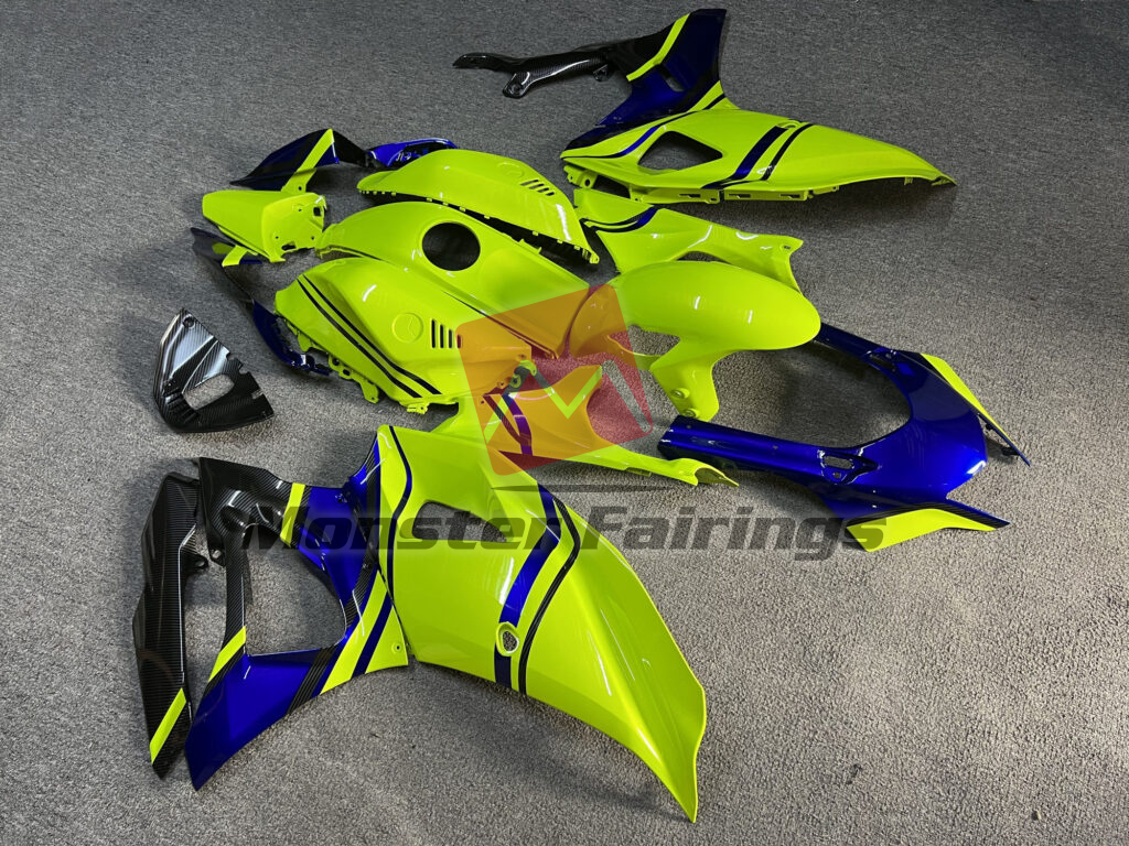 2021 - 2025 Yamaha R7 Gloss High Vis Yellow & Blue With Carbon Fiber Style fairing set - ABS injection, custom painted by Monster Fairings