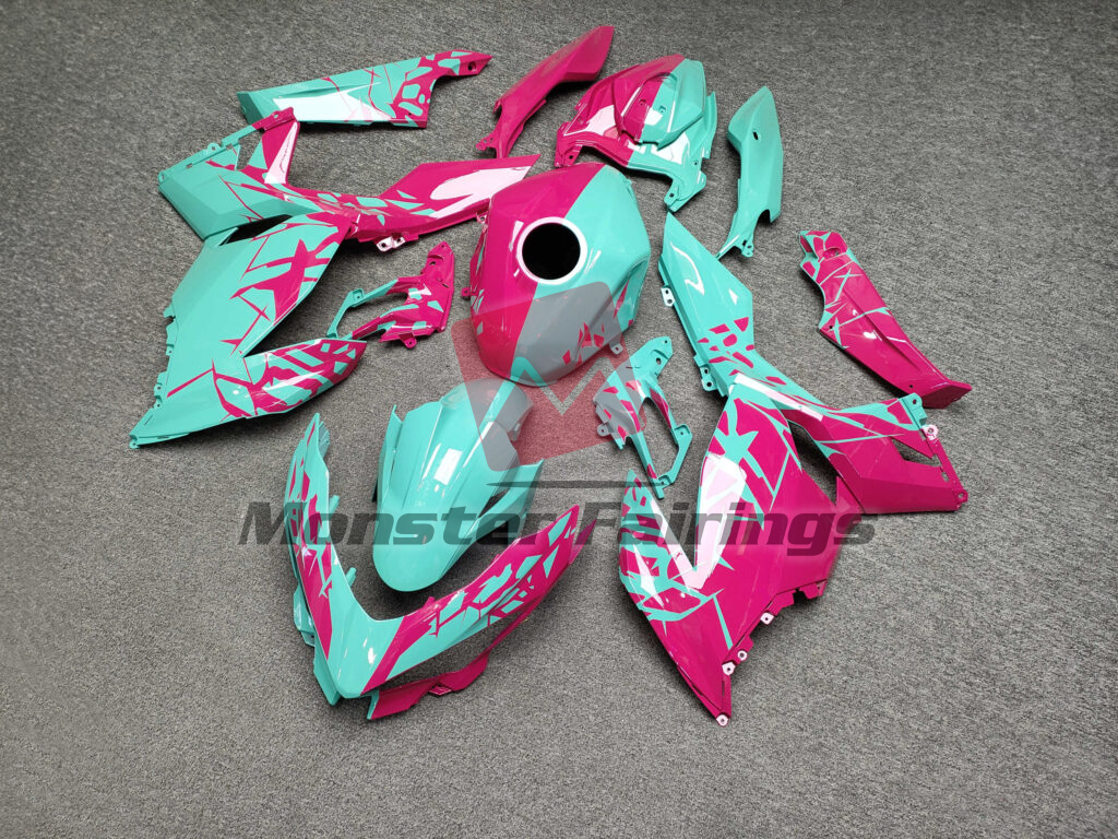 2018 - 2024 Kawasaki Ninja 400 Gloss Teal & Pink Shattered Split fairing set - ABS injection, custom painted by Monster Fairings