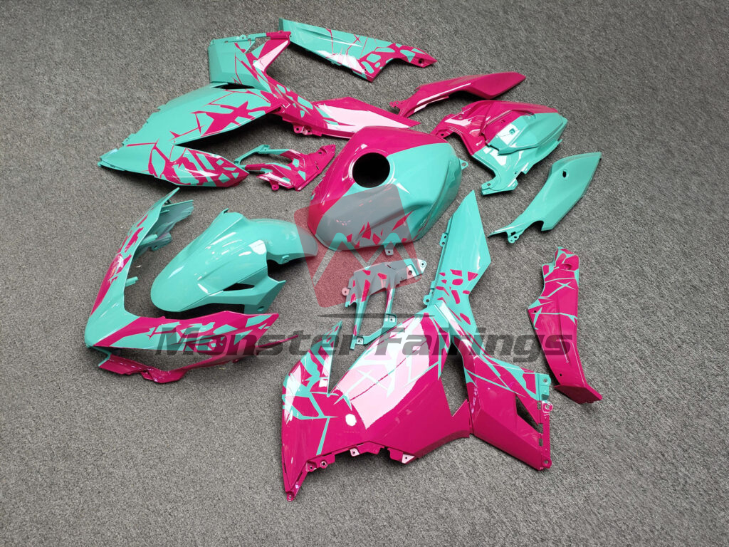 Kawasaki Ninja 400 custom ABS fairings 2018 - 2024 in Gloss Teal & Pink Shattered Split - durable replacement kit, Monster Fairings