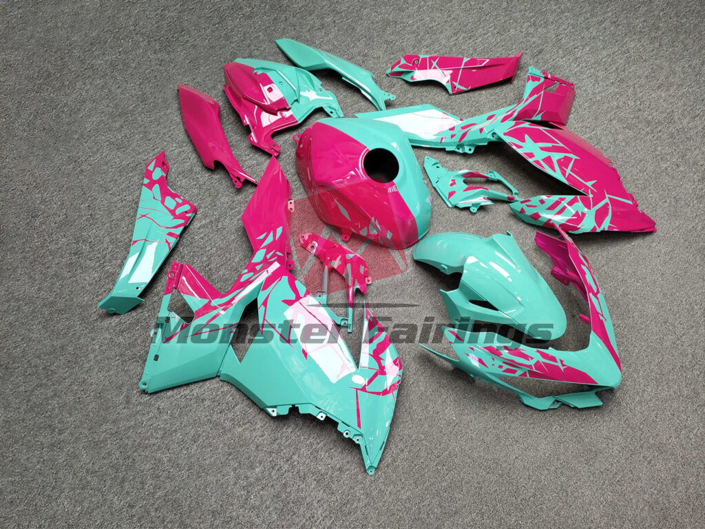 Gloss Teal & Pink Shattered Split ABS fairings for Kawasaki Ninja 400 2018 - 2024 - premium OEM fit kit by Monster Fairings
