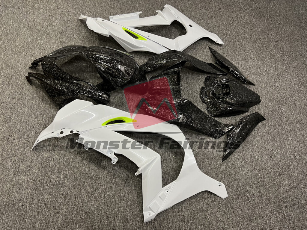 2016 - 2020 Kawasaki ZX10R Gloss Pearl White & Forged Carbon Fiber Style fairing set - ABS injection, custom painted by Monster Fairings