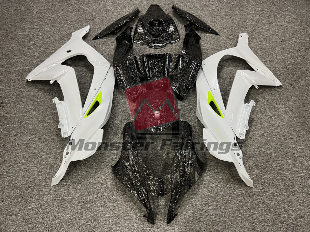 Kawasaki ZX10R 2016 - 2020 Gloss Pearl White & Forged Carbon Fiber Style ABS fairings - custom motorcycle bodywork kit by Monster Fairings