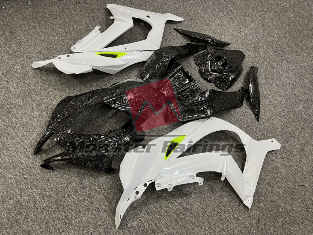 Gloss Pearl White & Forged Carbon Fiber Style ABS fairings for Kawasaki ZX10R 2016 - 2020 - premium OEM fit kit by Monster Fairings