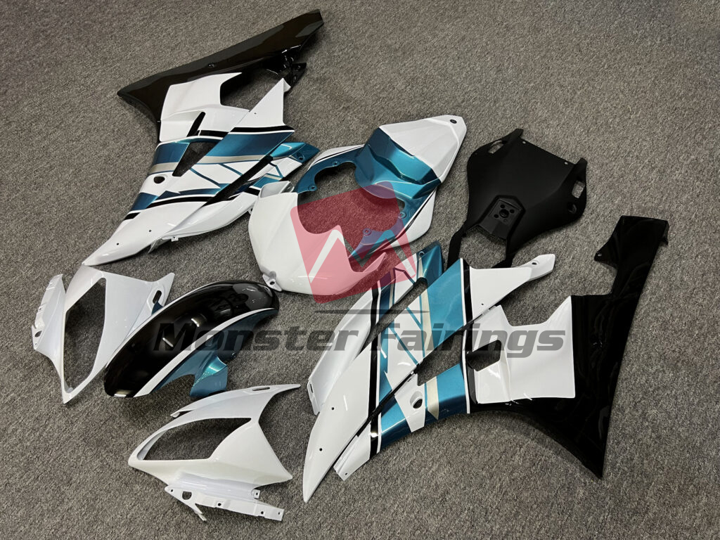 Yamaha R6 custom ABS fairings 2006 - 2007 in Gloss White With Black & Teal - durable replacement kit, Monster Fairings