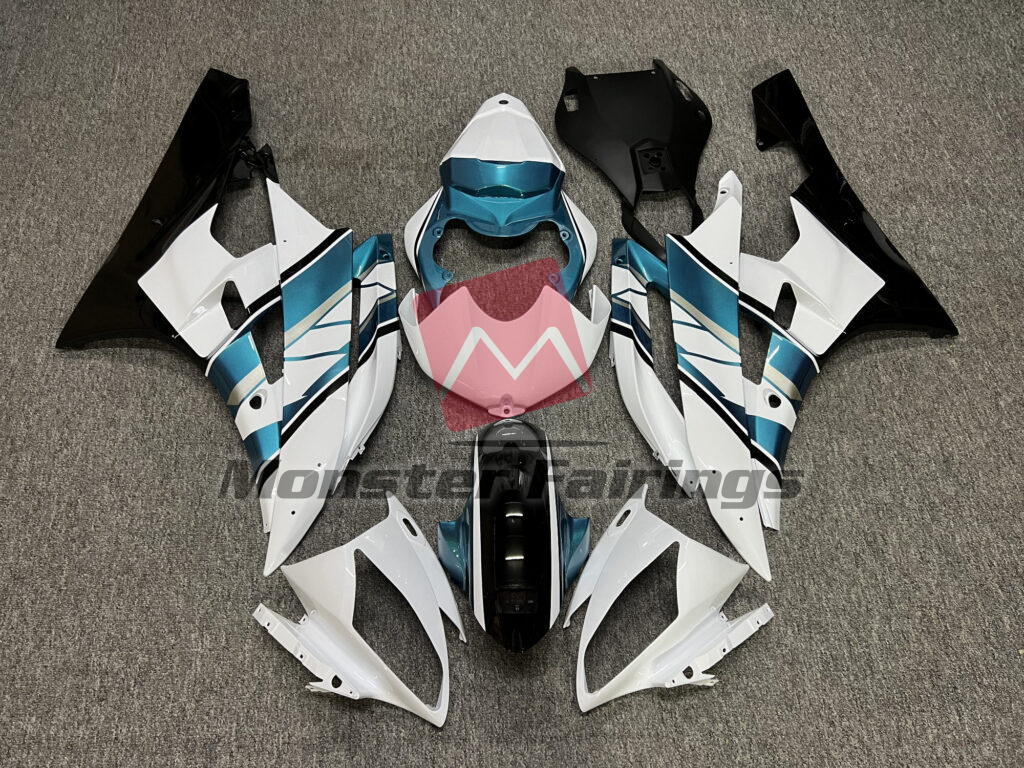 Yamaha R6 2006 - 2007 Gloss White With Black & Teal ABS fairings - custom motorcycle bodywork kit by Monster Fairings