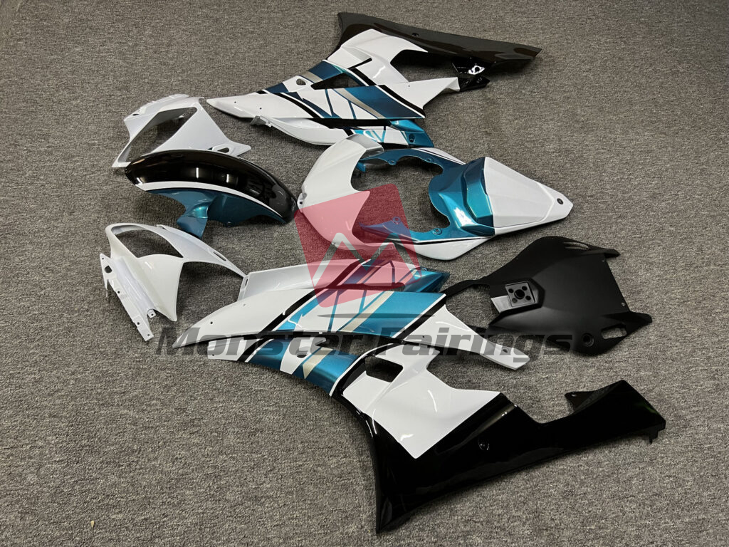 2006 - 2007 Yamaha R6 Gloss White With Black & Teal fairing set - ABS injection, custom painted by Monster Fairings