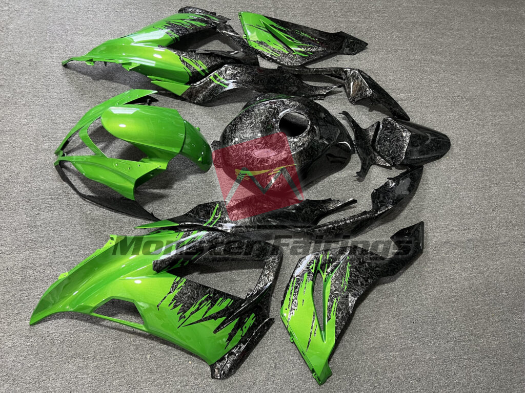 2013 - 2018 Kawasaki ZX6R Gloss Forged Carbon Fiber Style & Green Splash fairing set - ABS injection, custom painted by Monster Fairings