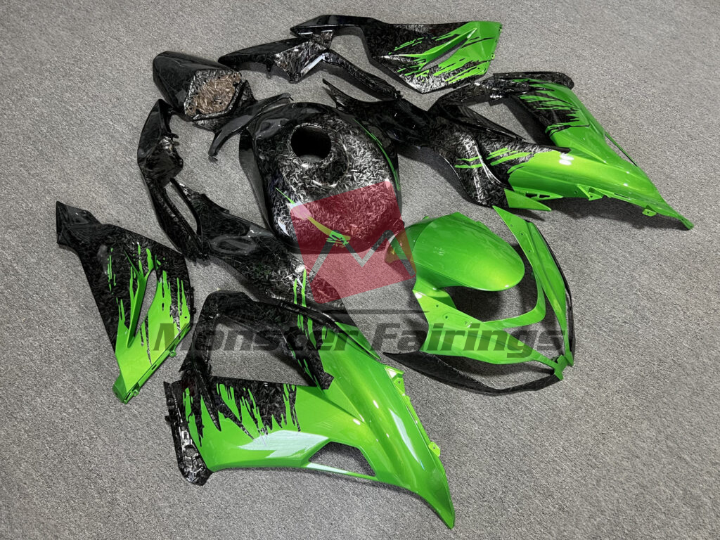 Kawasaki ZX6R custom ABS fairings 2013 - 2018 in Gloss Forged Carbon Fiber Style & Green Splash - durable replacement kit, Monster Fairings