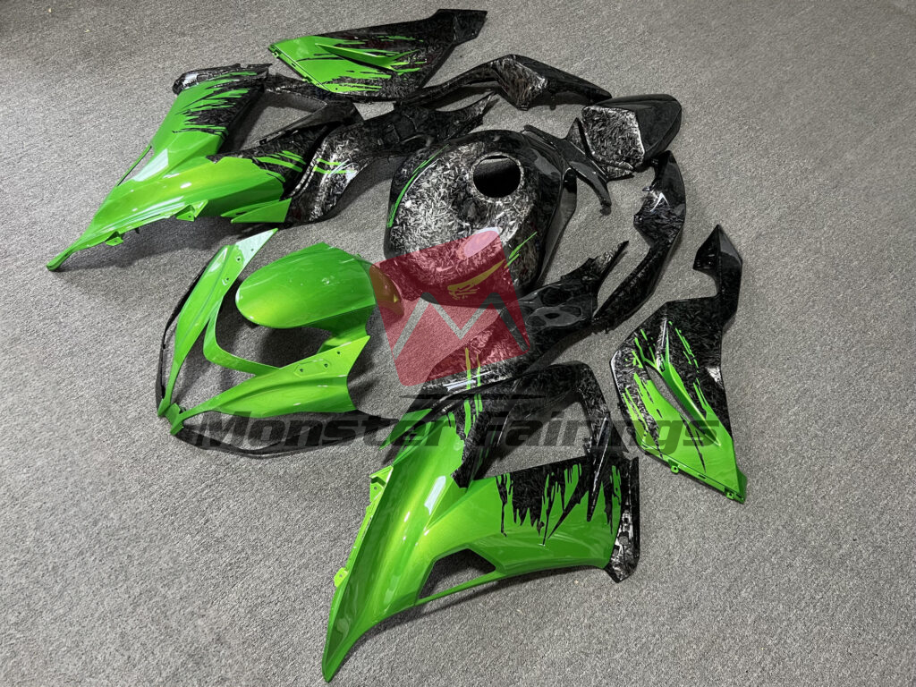 Gloss Forged Carbon Fiber Style & Green Splash ABS fairings for Kawasaki ZX6R 2013 - 2018 - premium OEM fit kit by Monster Fairings