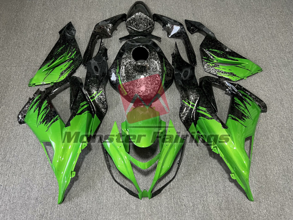 Kawasaki ZX6R 2013 - 2018 Gloss Forged Carbon Fiber Style & Green Splash ABS fairings - custom motorcycle bodywork kit by Monster Fairings