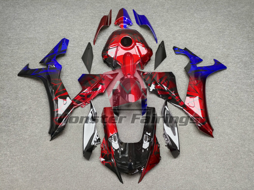 Yamaha R1 2020 - 2025 Gloss Black with Red & Blue Shattered Split ABS fairings - custom motorcycle bodywork kit by Monster Fairings