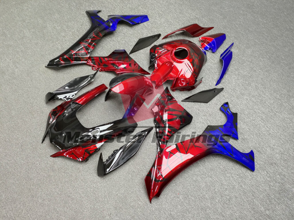 Yamaha R1 custom ABS fairings 2020 - 2025 in Gloss Black with Red & Blue Shattered Split - durable replacement kit, Monster Fairings