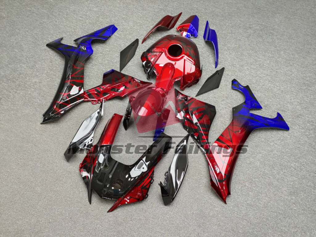 2020 - 2025 Yamaha R1 Gloss Black with Red & Blue Shattered Split fairing set - ABS injection, custom painted by Monster Fairings