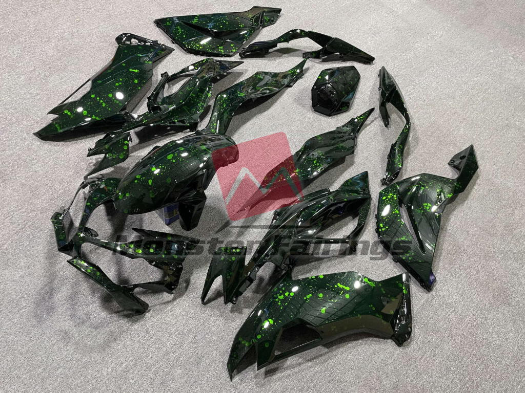 Kawasaki ZX6R custom ABS fairings 2019 - 2023 in Gloss Dark Green with Splatter - durable replacement kit, Monster Fairings