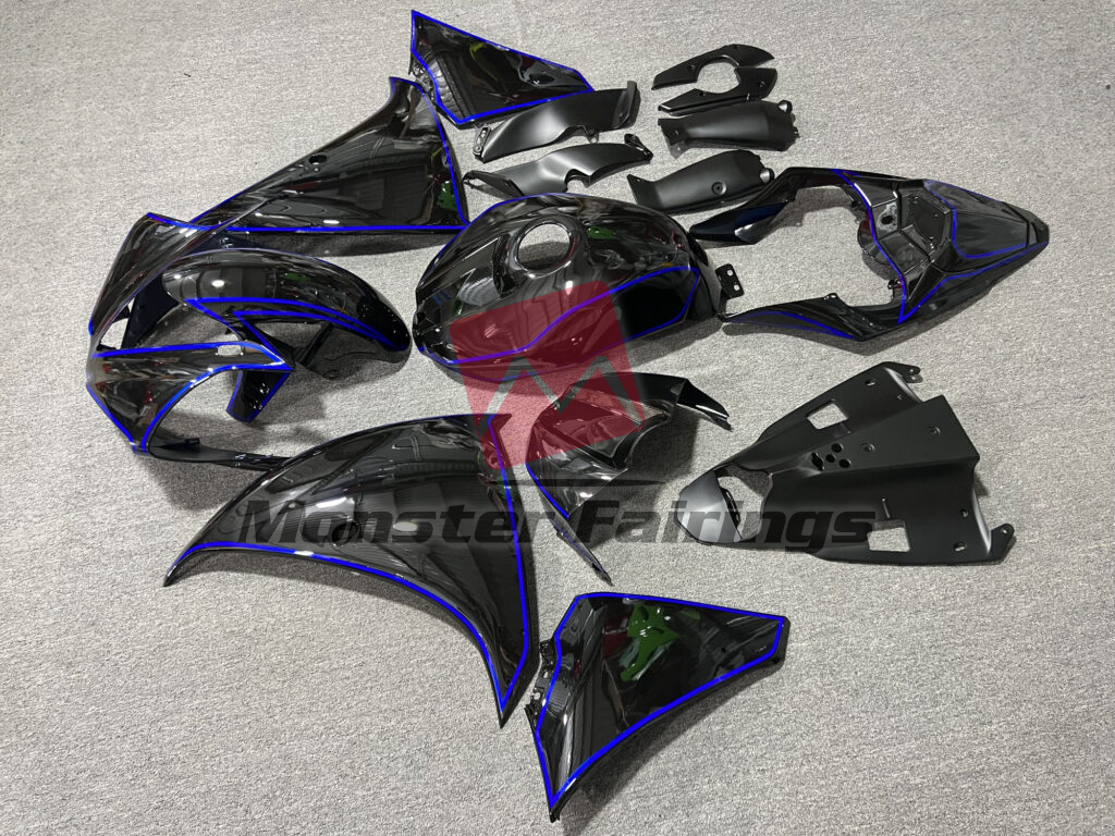 2012 - 2014 Yamaha R1 Gloss Black With Blue Lines fairing set - ABS injection, custom painted by Monster Fairings
