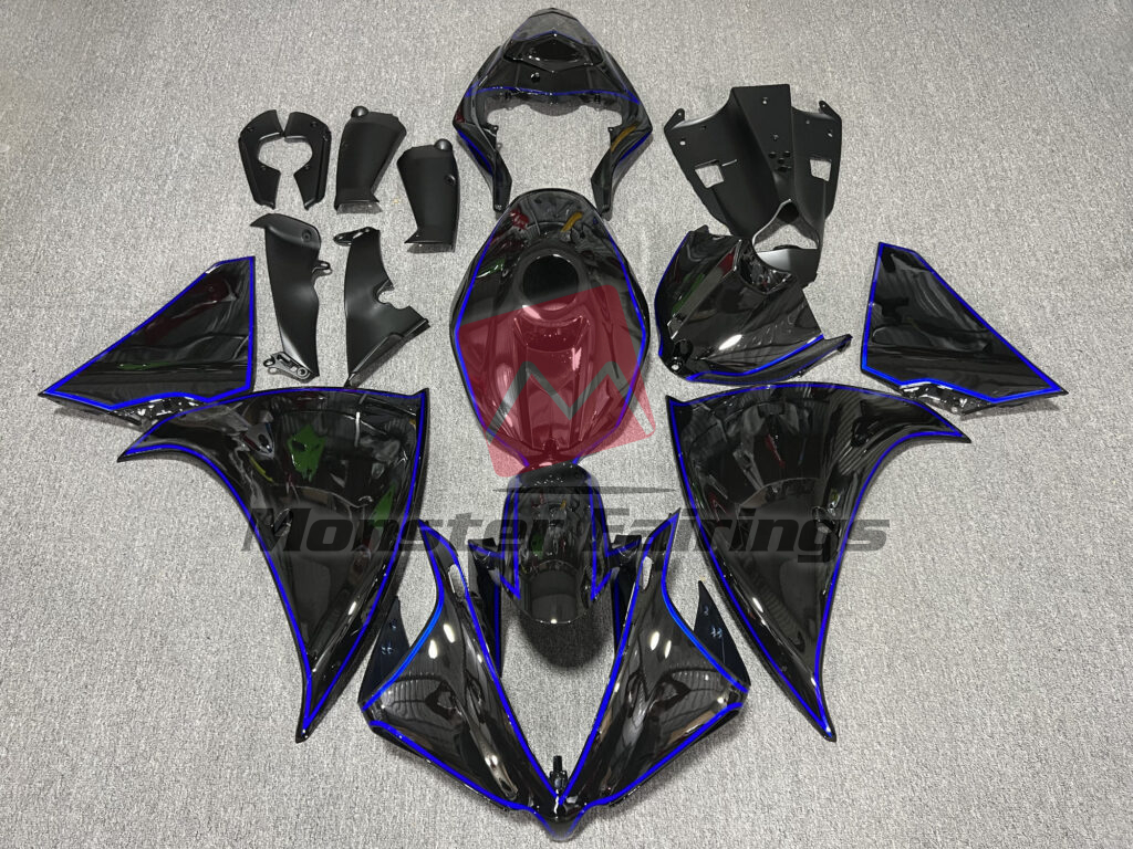 Yamaha R1 2012 - 2014 Gloss Black With Blue Lines ABS fairings - custom motorcycle bodywork kit by Monster Fairings