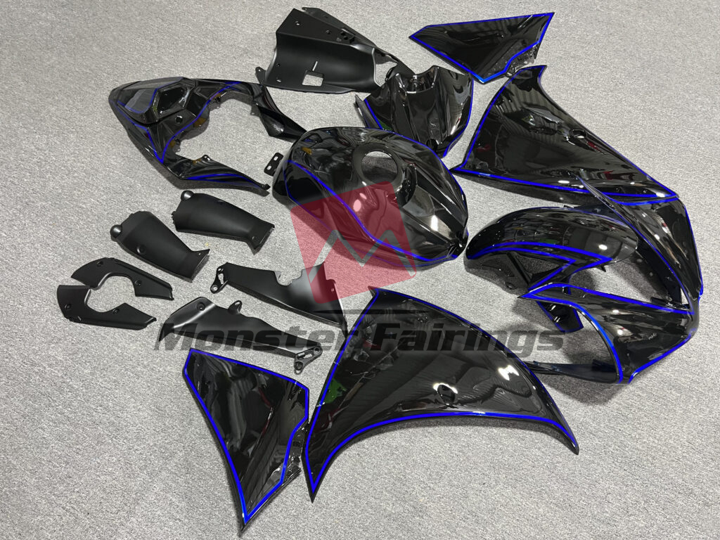 Yamaha R1 custom ABS fairings 2012 - 2014 in Gloss Black With Blue Lines - durable replacement kit, Monster Fairings