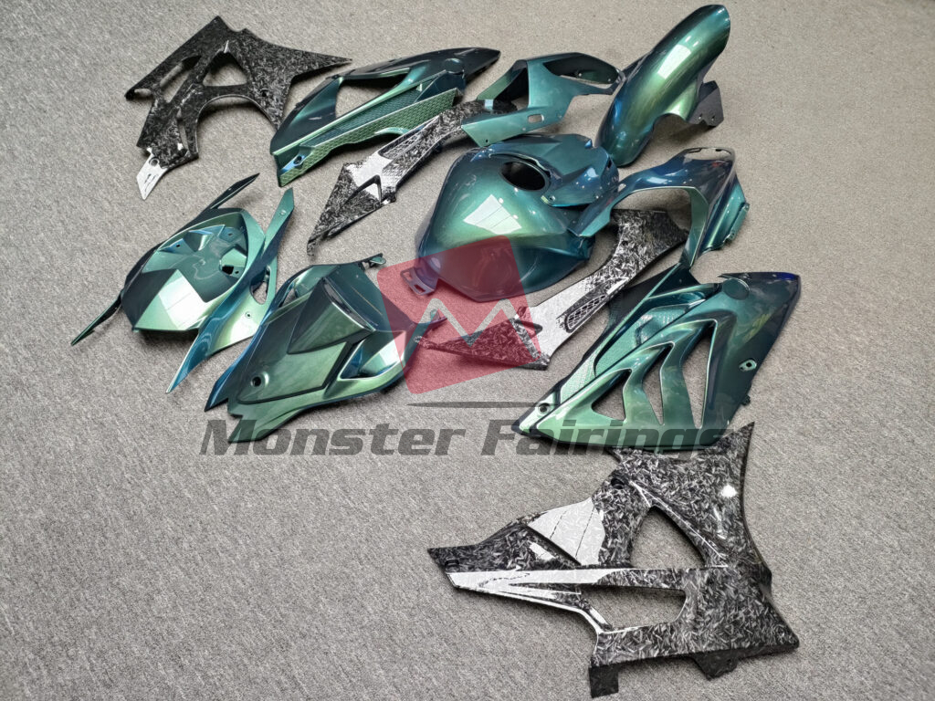 BMW S1000RR custom ABS fairings 2009 - 2014 in Gloss Green Chameleon With Forged Carbon Fiber Style - durable replacement kit, Monster Fairings