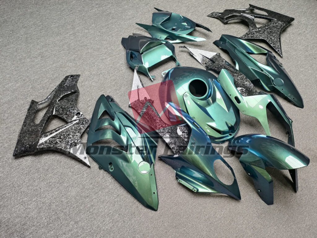 2009 - 2014 BMW S1000RR Gloss Green Chameleon With Forged Carbon Fiber Style fairing set - ABS injection, custom painted by Monster Fairings