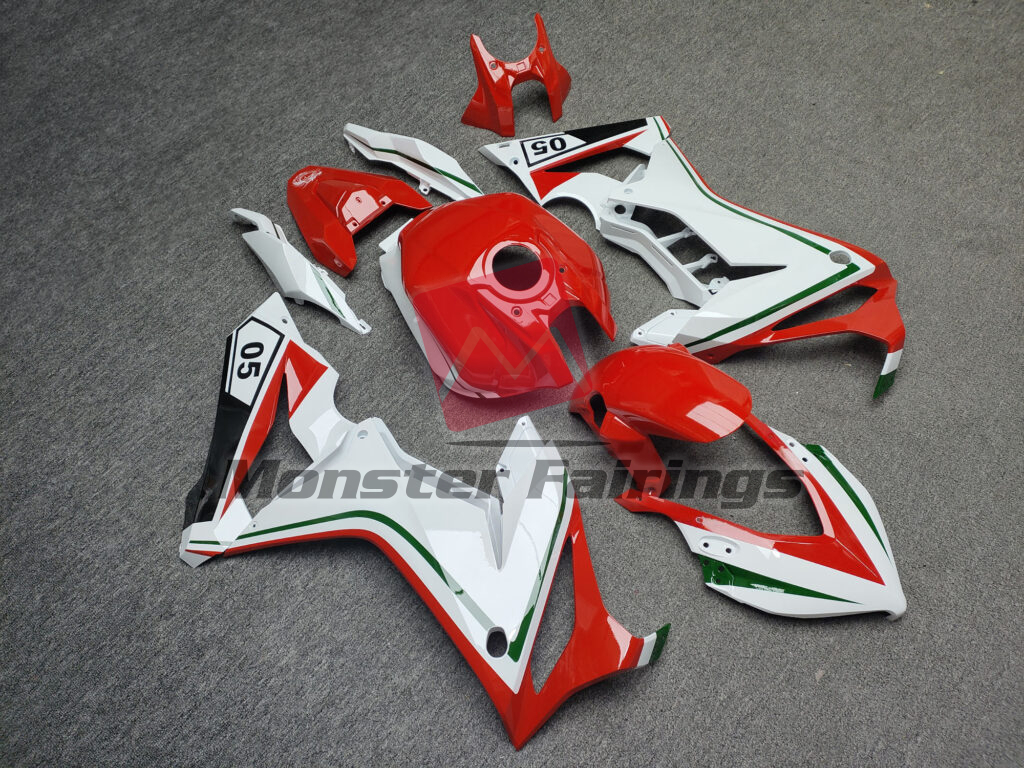 Honda CBR650R custom ABS fairings 2021 - 2023 in Gloss White With Red & Green - durable replacement kit, Monster Fairings