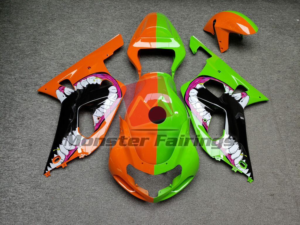 Suzuki GSXR 600 - 750 2001 - 2003 Gloss Orange & Green Monster Split ABS fairings - custom motorcycle bodywork kit by Monster Fairings