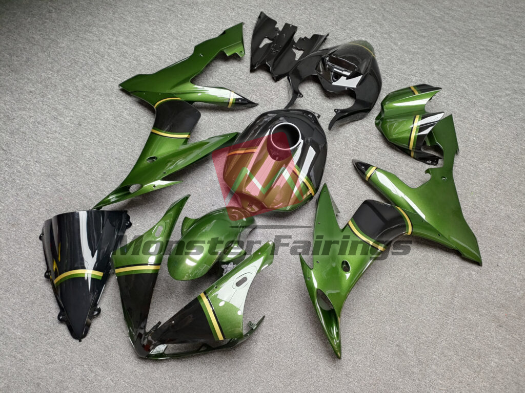 Yamaha R1 custom ABS fairings 2004 - 2006 in Gloss Green & Black With Gold - durable replacement kit, Monster Fairings