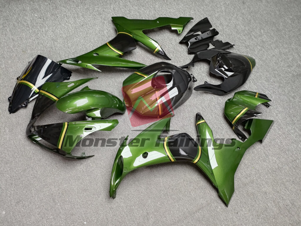 2004 - 2006 Yamaha R1 Gloss Green & Black With Gold fairing set - ABS injection, custom painted by Monster Fairings