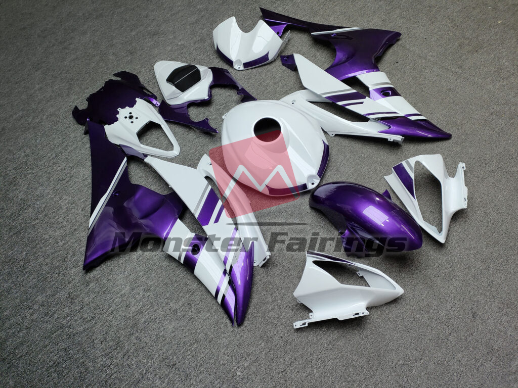 2008 - 2016 Yamaha R6 Gloss White With Purple fairing set - ABS injection, custom painted by Monster Fairings