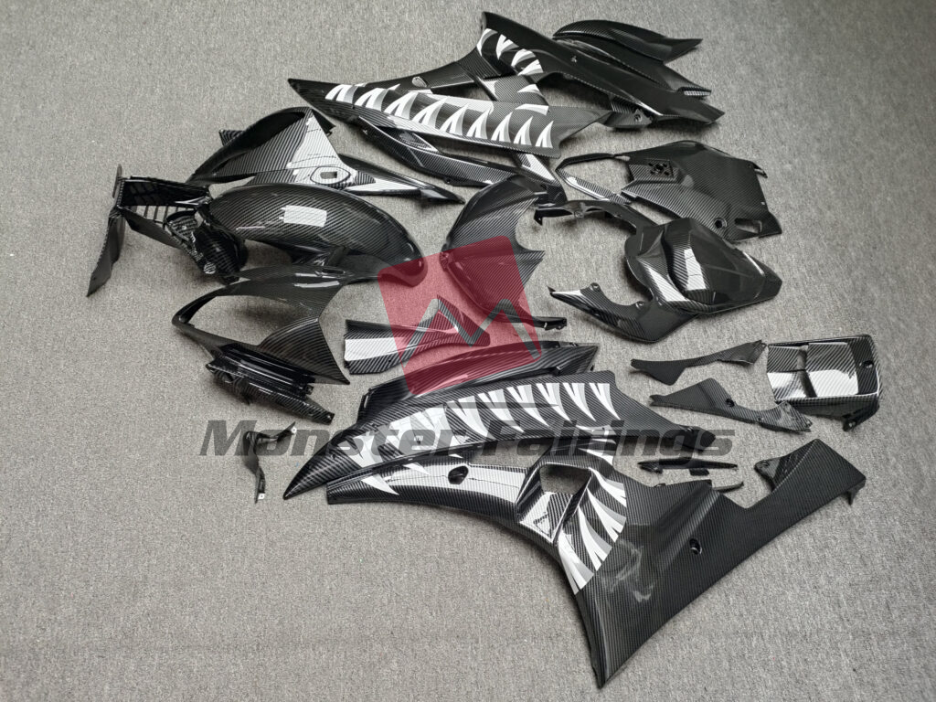 2006 - 2007 Yamaha R6 Gloss Carbon Fiber Style Shark fairing set - ABS injection, custom painted by Monster Fairings