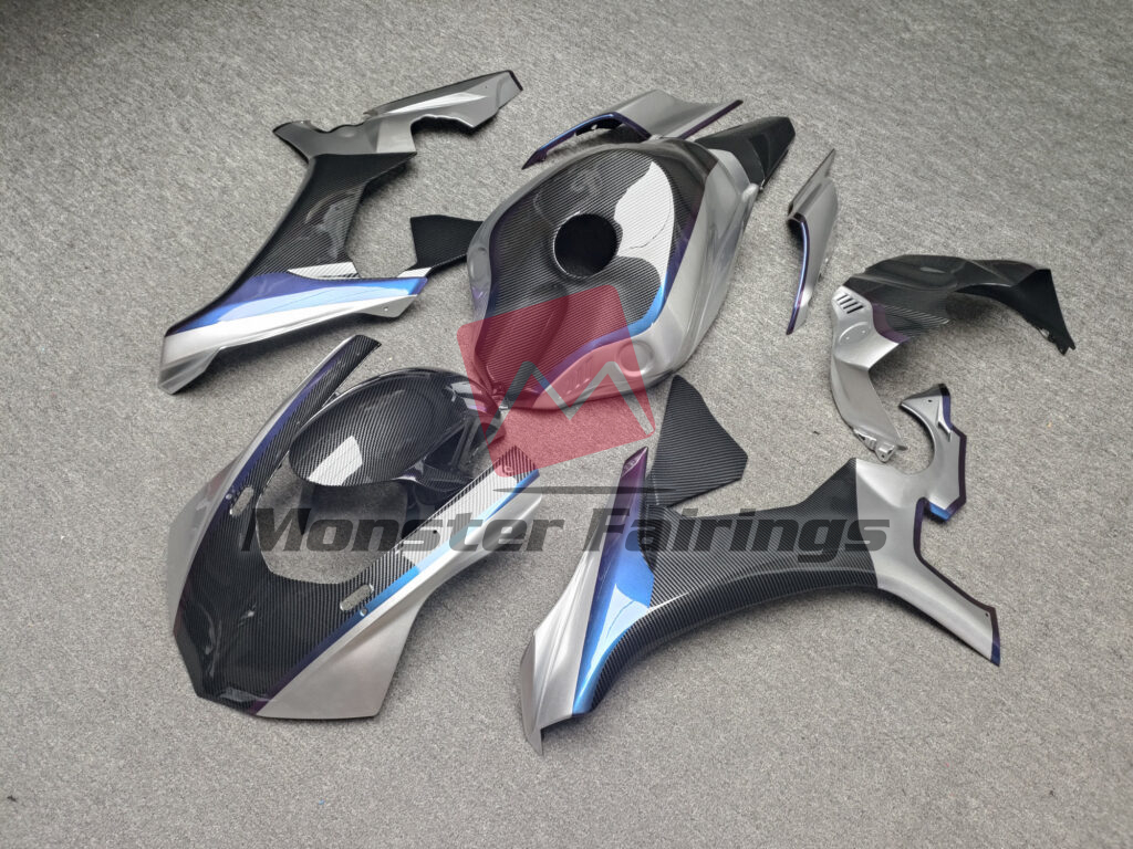 Gloss Silver With Carbon Fiber Style & Blue Chameleon ABS fairings for Yamaha R1 2015 - 2019 - premium OEM fit kit by Monster Fairings