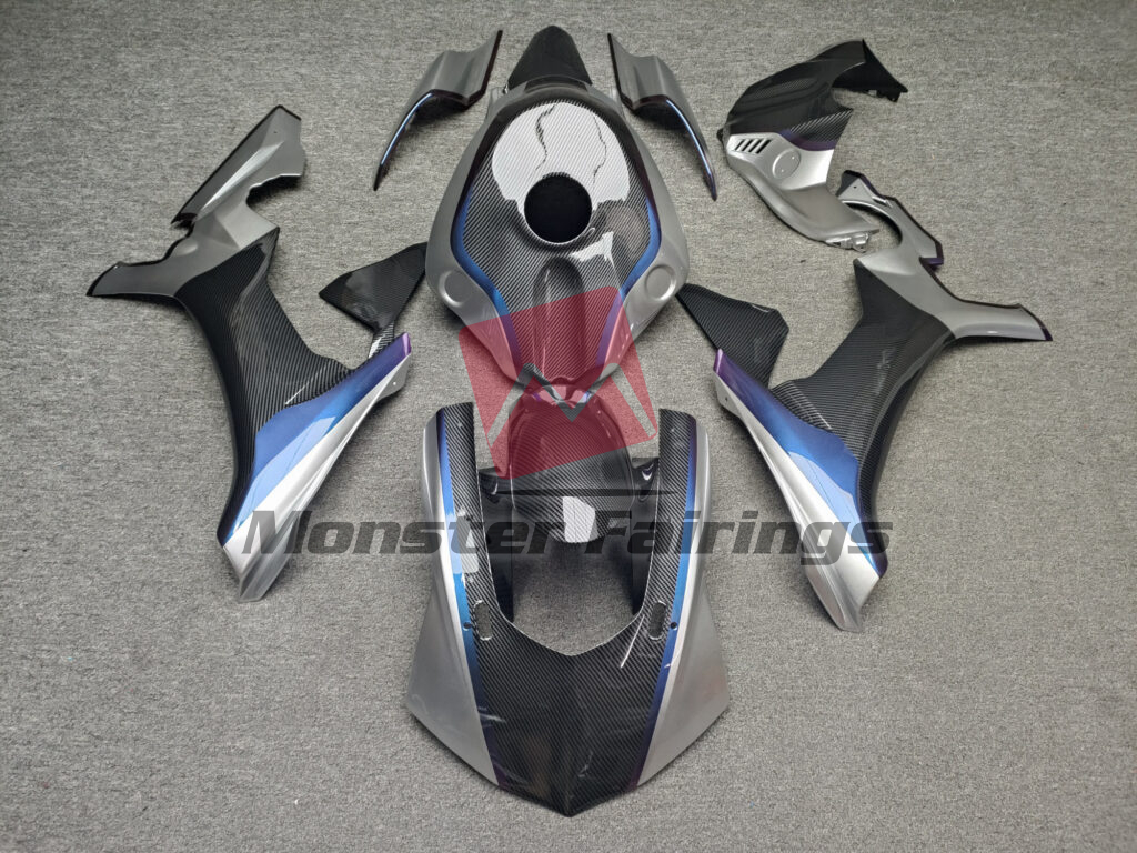 Yamaha R1 2015 - 2019 Gloss Silver With Carbon Fiber Style & Blue Chameleon ABS fairings - custom motorcycle bodywork kit by Monster Fairings