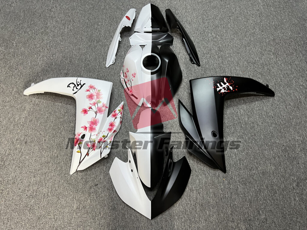 Yamaha R3 2014 - 2018 Matte Black & White Cherry Blossom Split ABS fairings - custom motorcycle bodywork kit by Monster Fairings