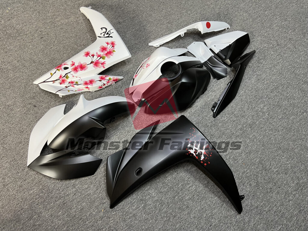 Yamaha R3 custom ABS fairings 2014 - 2018 in Matte Black & White Cherry Blossom Split - durable replacement kit, Monster Fairings